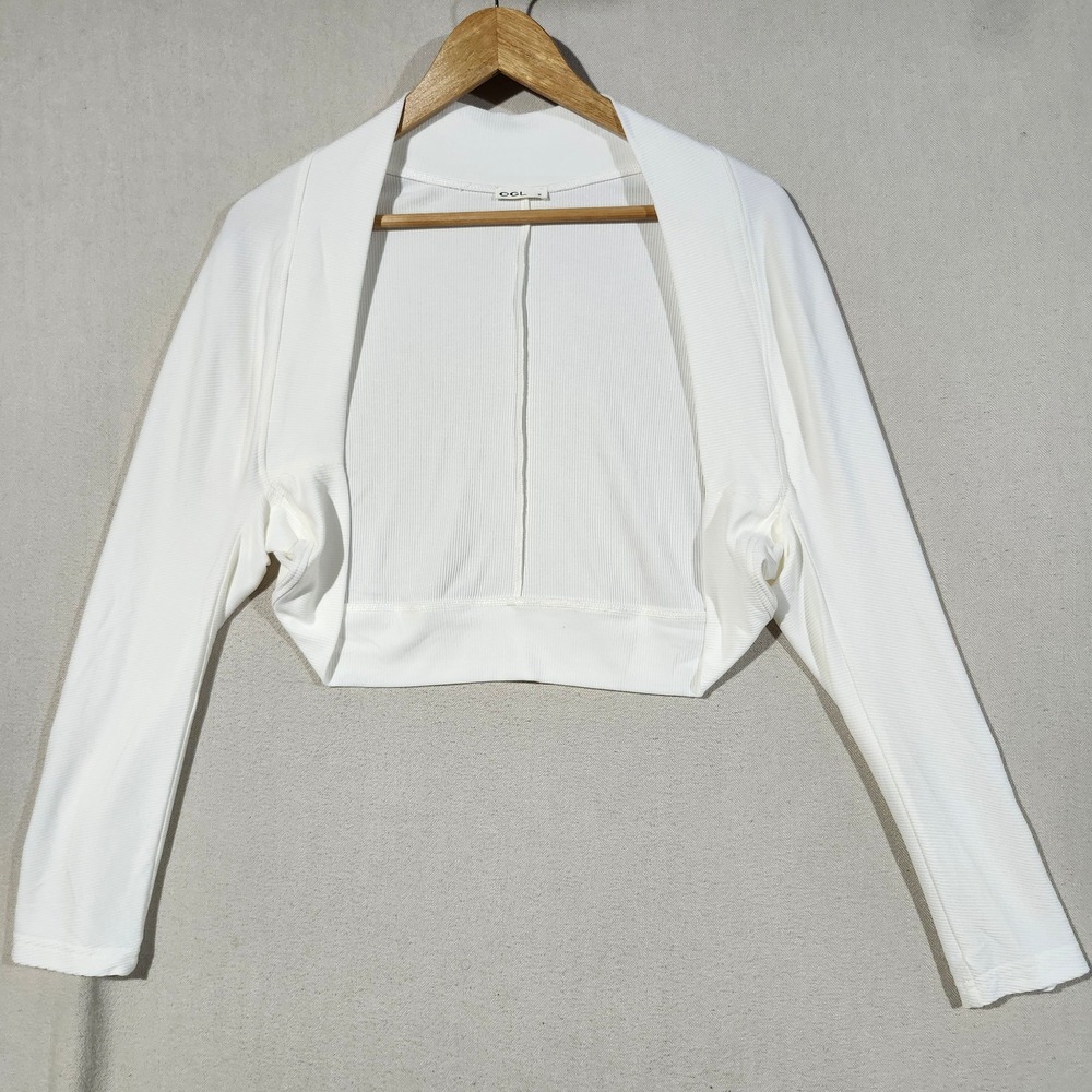OGL White Ribbed Knit Long Sleeve Shrug Bolero Cropped Open Front Top M Stretch